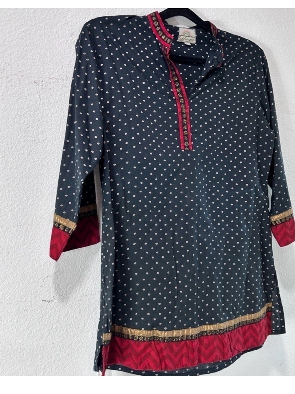 Sabhyata Navy Polka Dot Top with Pink Trim - Picture 6 of 15